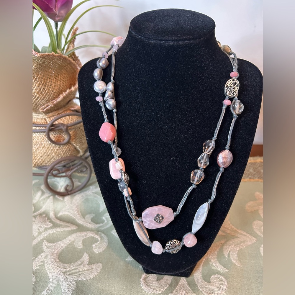 Siplada 40” Pink Soapstone ,Agate, Shell, Pearl, Sterling Silver Necklace
